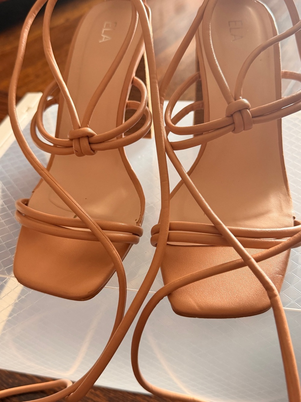Strappy Square-Toe Lace-Up Heels in Tan